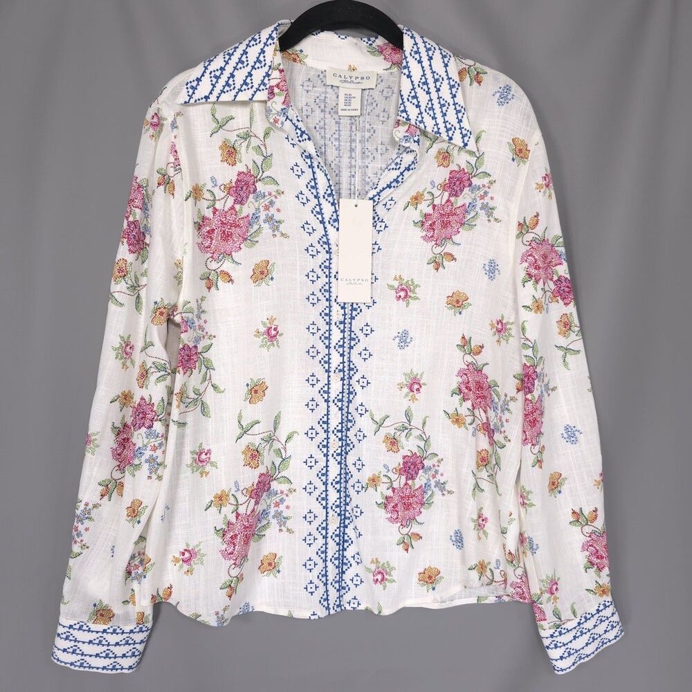 CALYPSO ST.BARTH Women's New Top Blouse XS Floral Linen Blend Boho Multicolor
